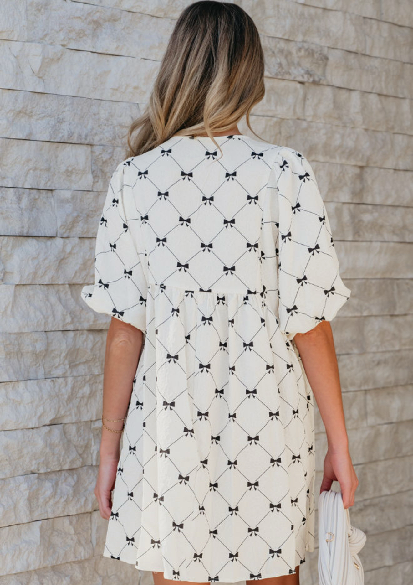 White Bowtie Pattern Textured Puff Half Sleeve Loose Mini Dress