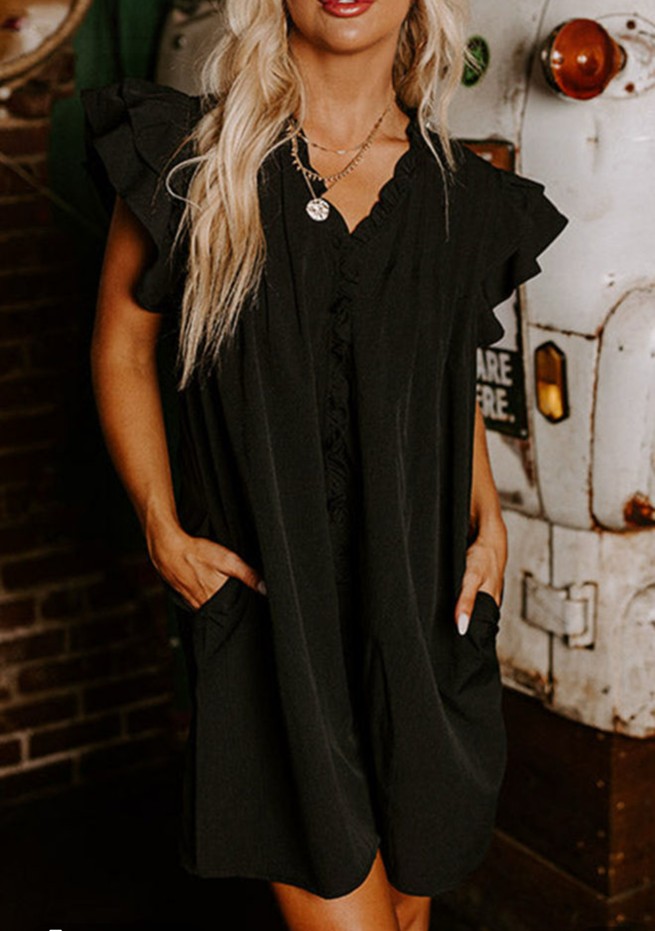 Black Frilled V Neck Pleated Ruffle Detail Short Drift Dress