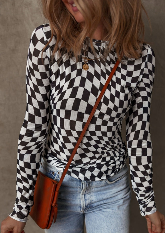 Black checkered pattern, mesh, mock neck, long sleeve