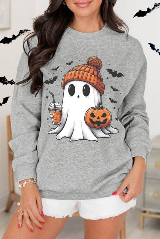 Gray Halloween Ghost Print Crewneck ￼￼￼ Sweatshirt ￼