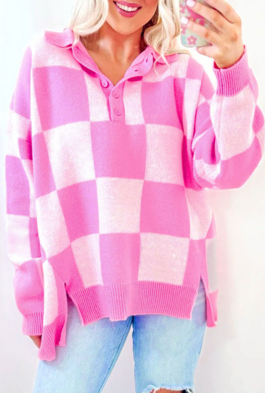 Pink checkerboard half button collared drop shoulder sweater