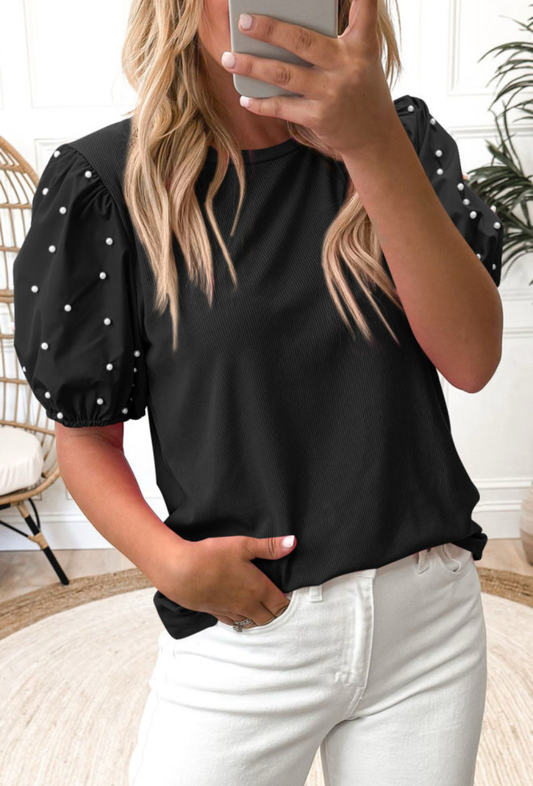 Black ribbon, pearl beaded puff sleeve top