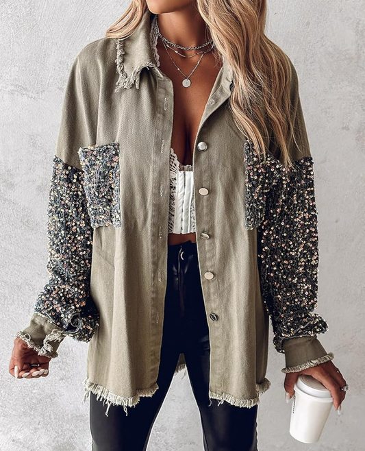 CHICME Womens Denim Jacket 2025 Sequin Patchwork Long Sleeve Jackets Top Button Front Oversized Denim Shacket