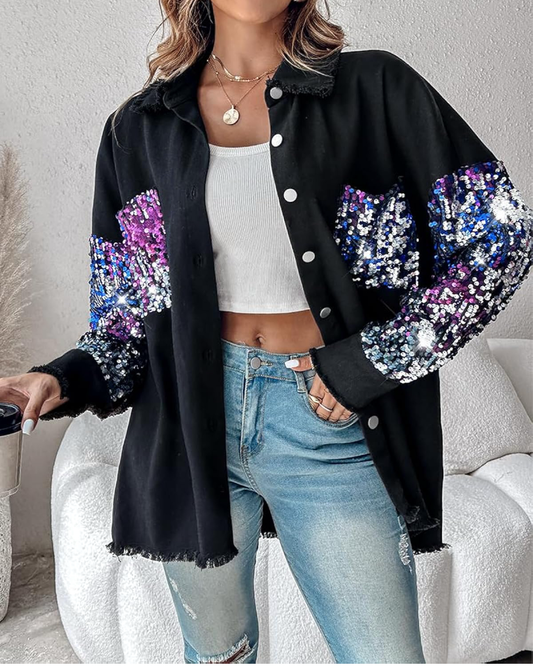 CHICME Womens Denim Jacket  Sequin Patchwork Long Sleeve Jacket Top Button Front Oversized Denim Shacket