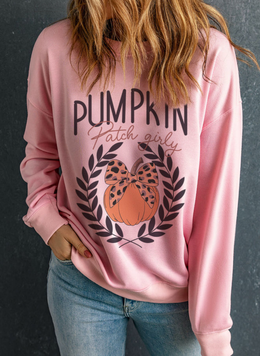 Pink Leopard Bow Pumpkin, Graphic Sweatshirt ￼