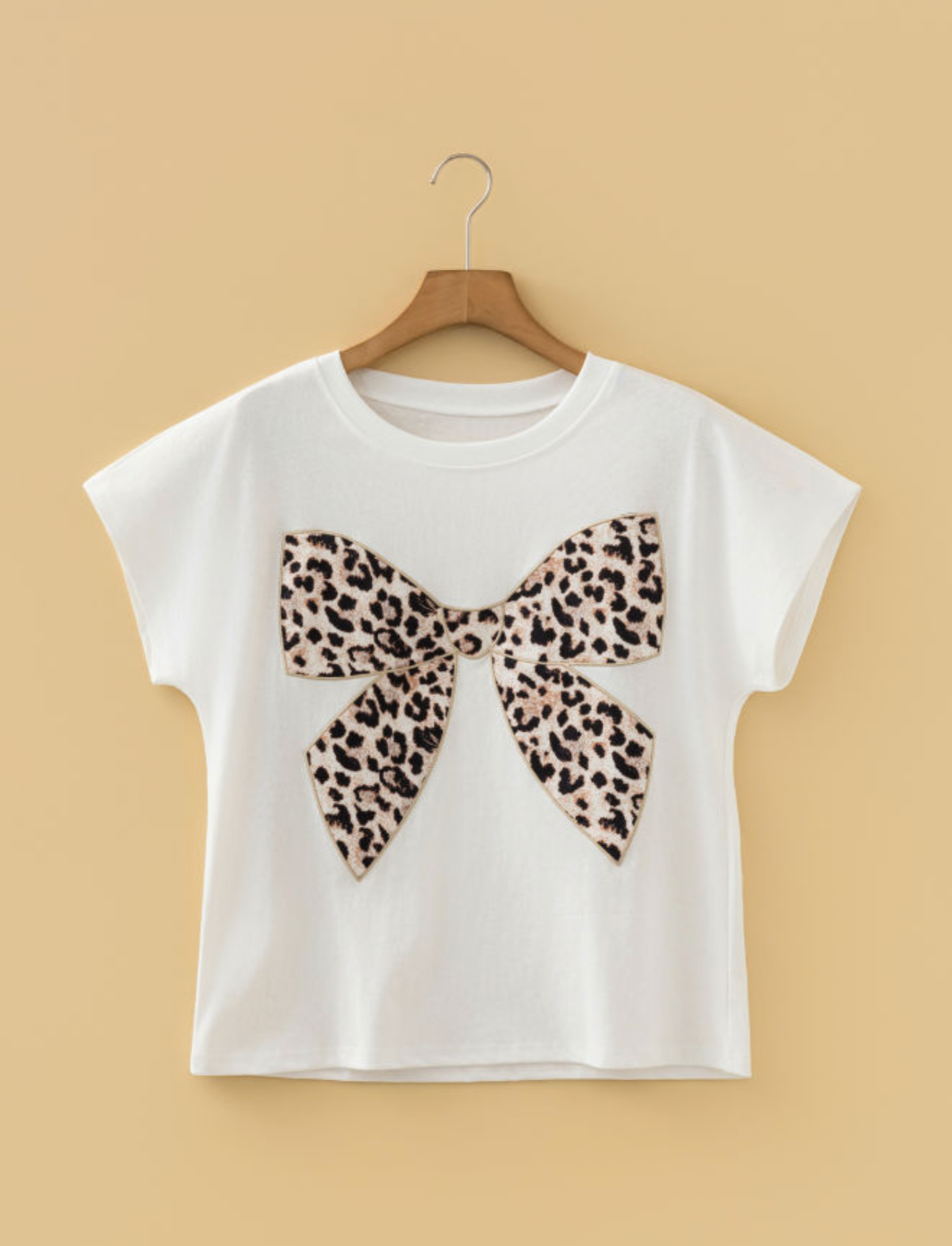 White Leopard Bow Embroidered Cotton Round T-Shirt