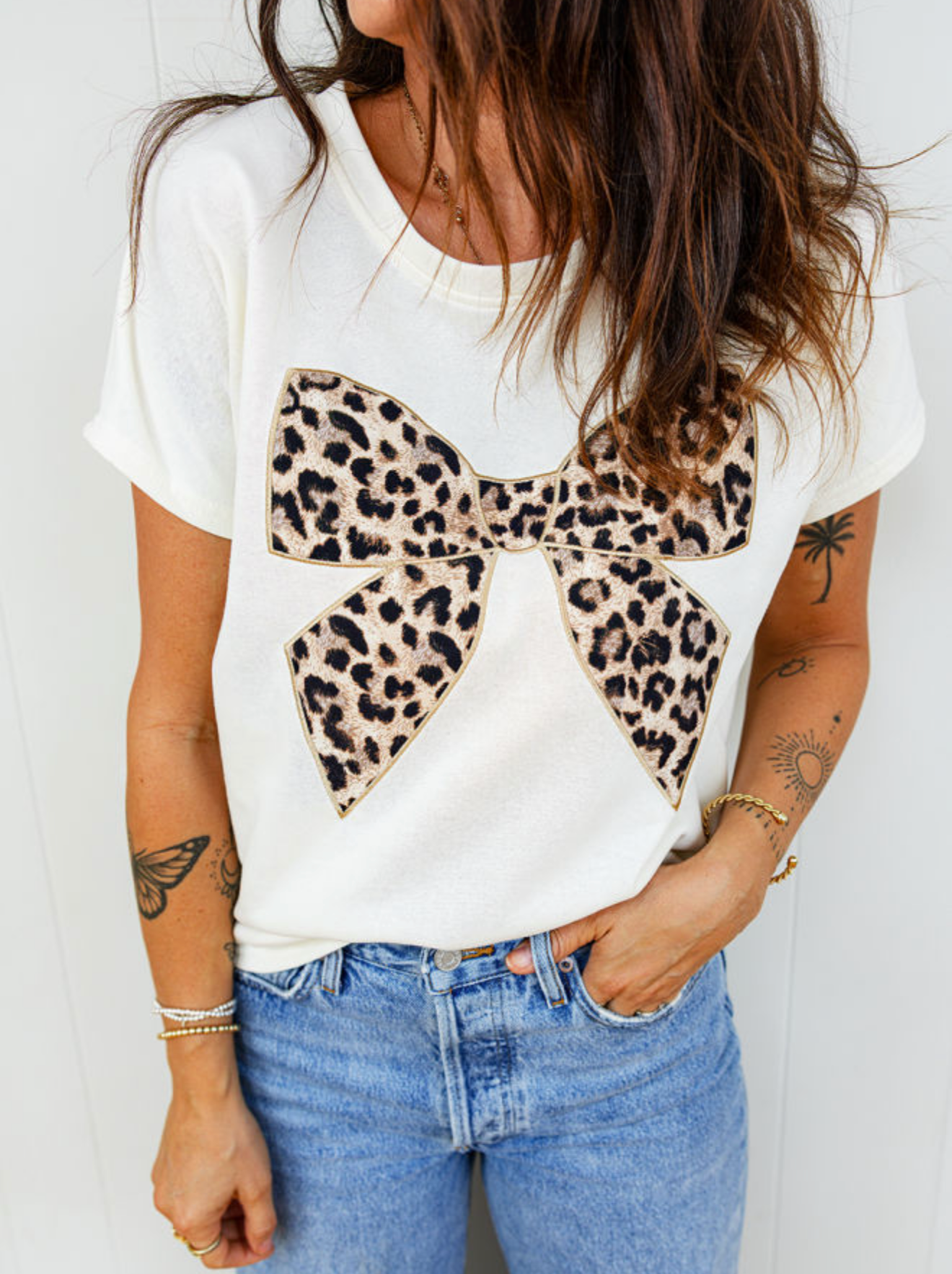 White Leopard Bow Embroidered Cotton Round T-Shirt