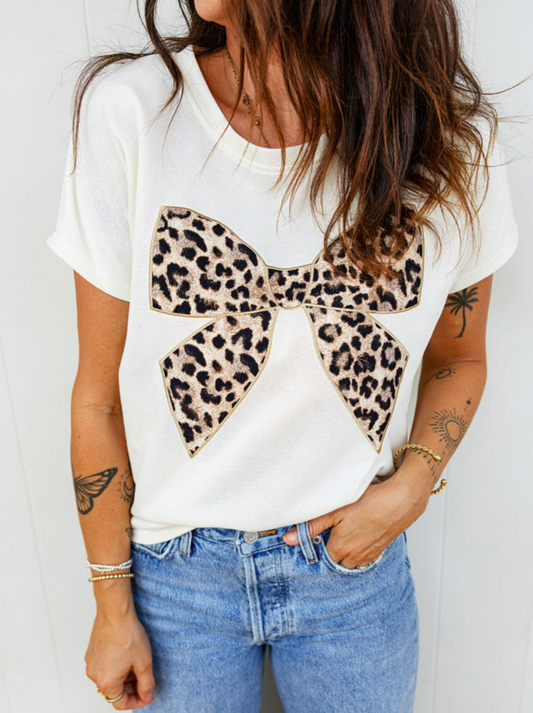 White Leopard Bow Embroidered Cotton Round T-Shirt