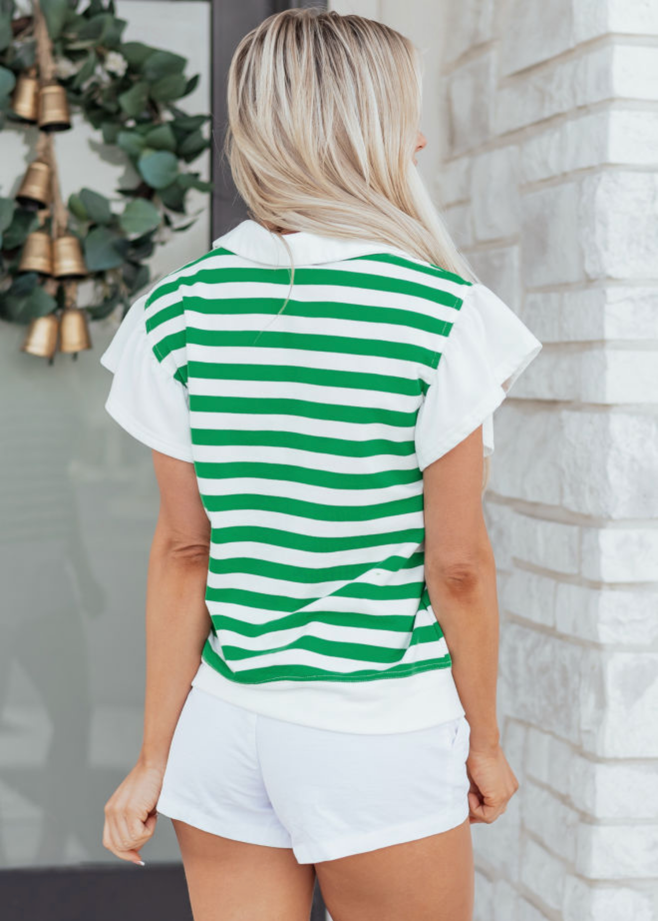 Green Striped V-Neck Ruffled Short Sleeve Blouse