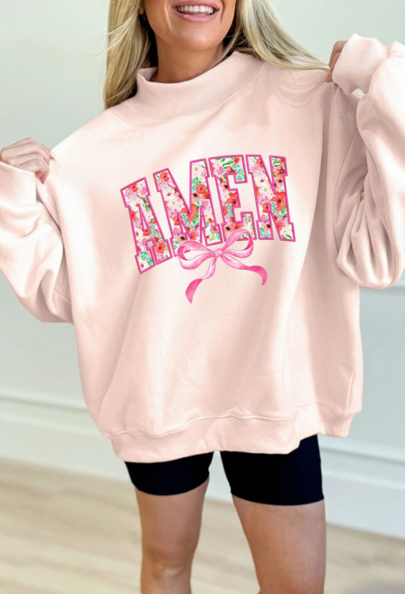 Pink Amen Floral Bow Printed Mock Neck Sweatshirt