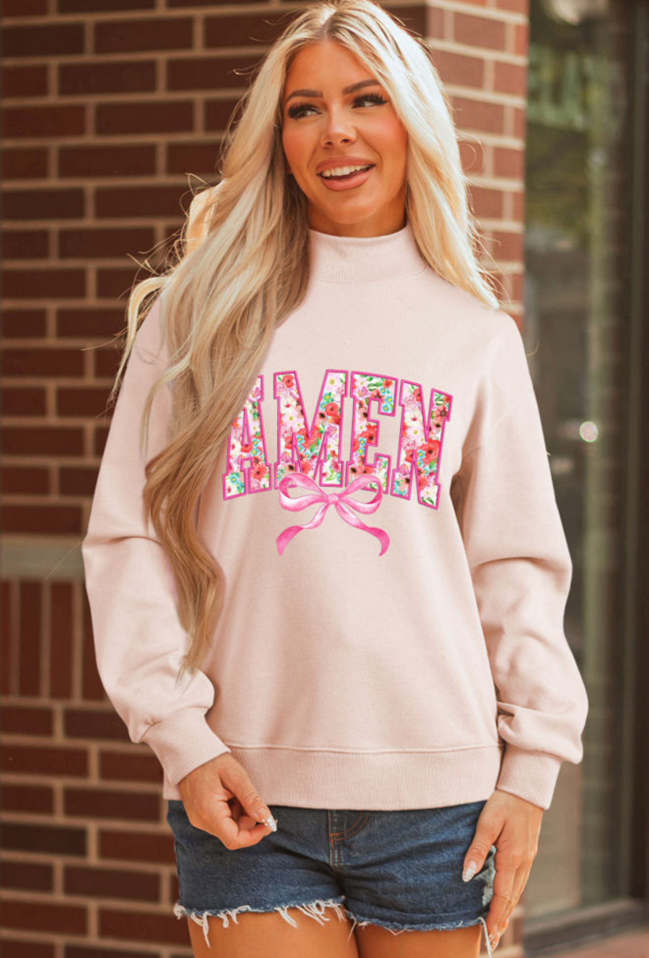 Pink Amen Floral Bow Printed Mock Neck Sweatshirt
