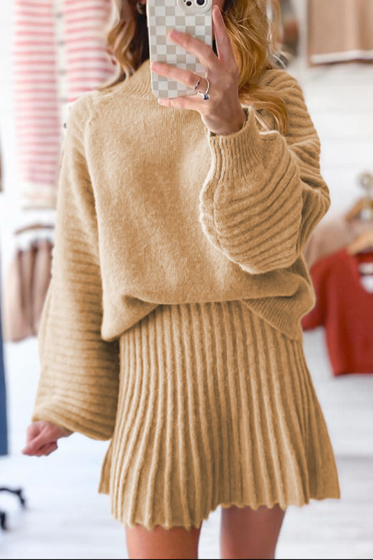 High Neck Puff Sleeve Sweater Pleated Mini Skirt 2pcs Knitted Outfit