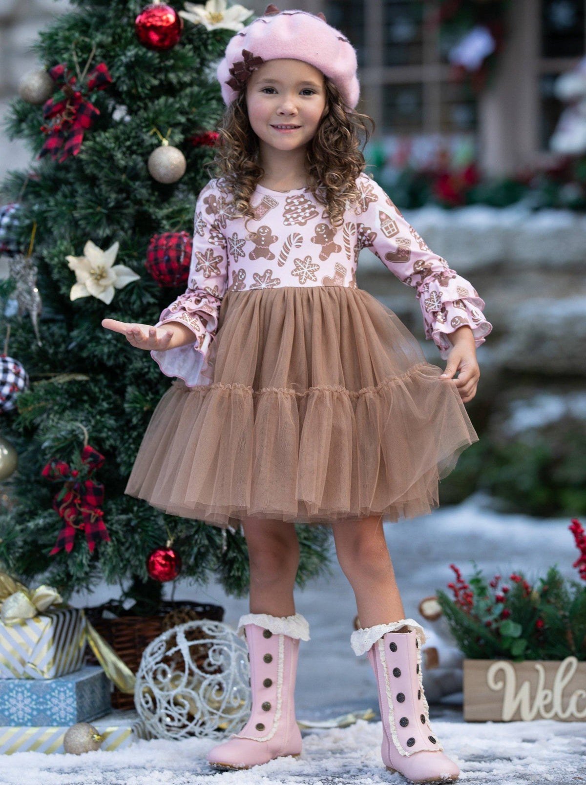 Sweet Gingerbread Friends Pink Ruffle Sleeve Tutu Dress: Beige / 3T