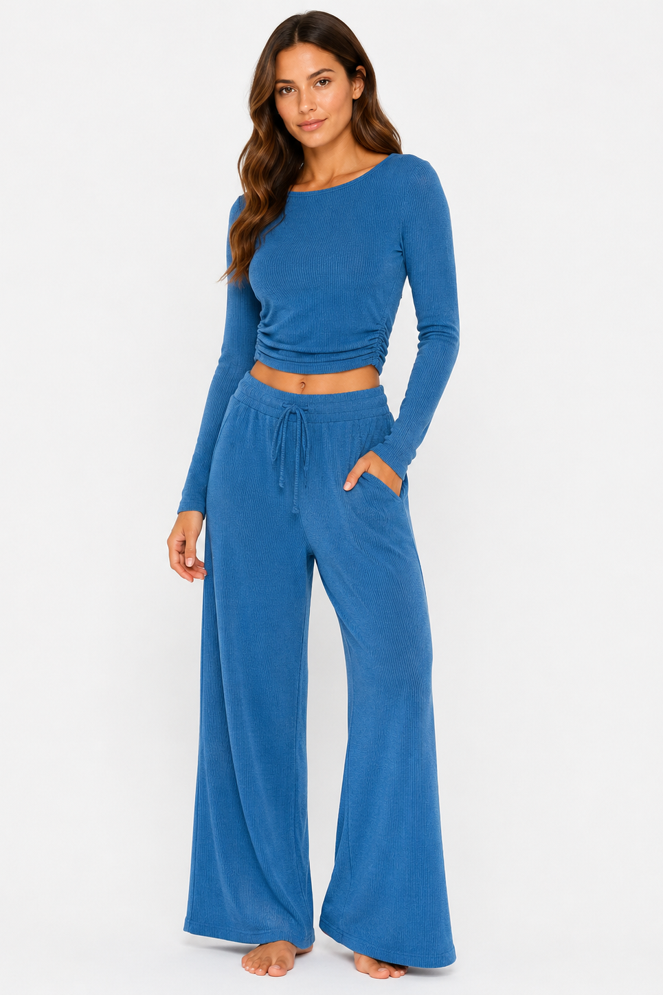 Ribbed crop long sleeve top with straight leg loungewear set: Oatmeal