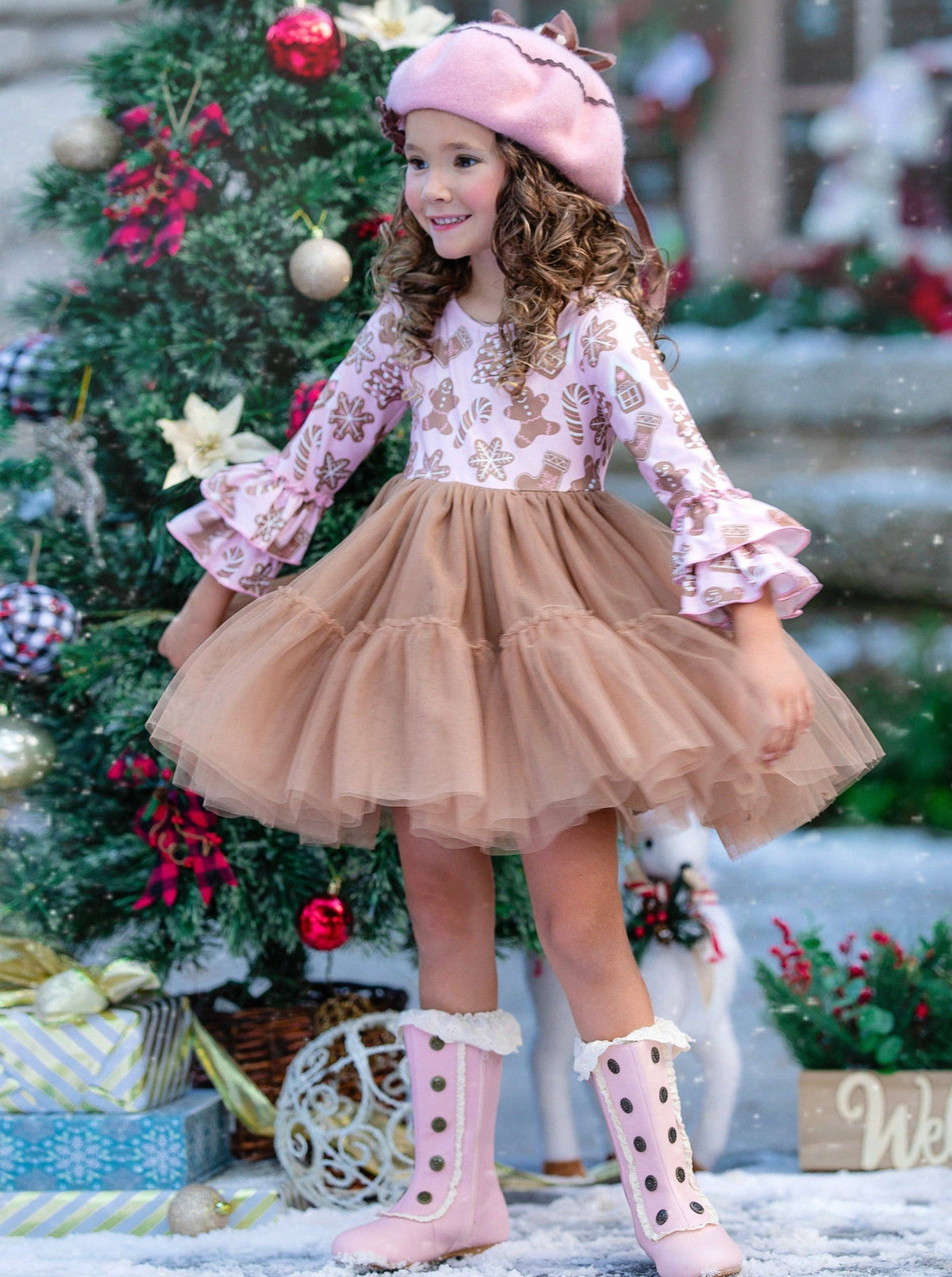 Sweet Gingerbread Friends Pink Ruffle Sleeve Tutu Dress: Beige / 6Y