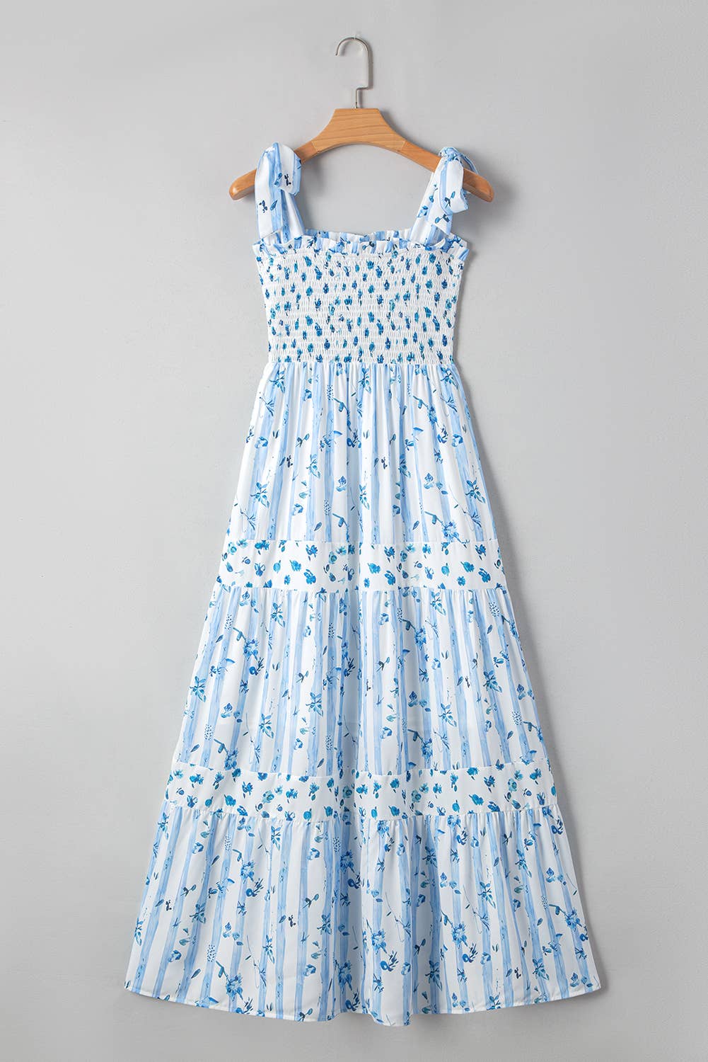 Floral Smocked Tied Straps A-Lined Tiered Maxi Dress