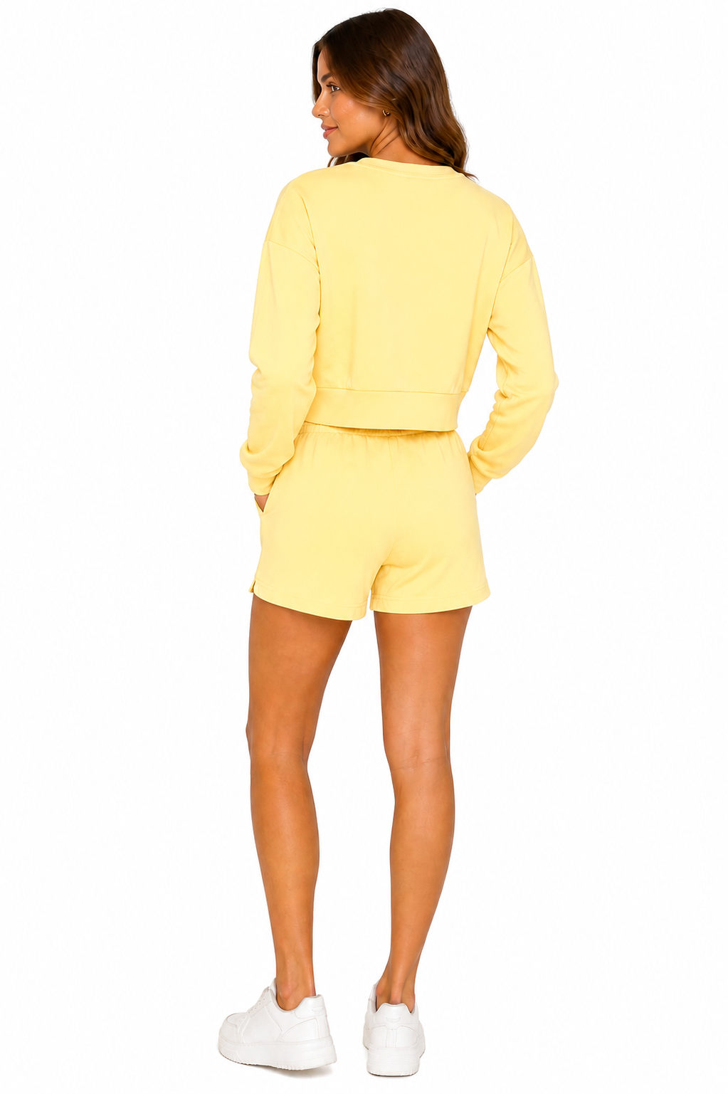 French terry sweat shirt with casual shorts loungewear set : Yellow