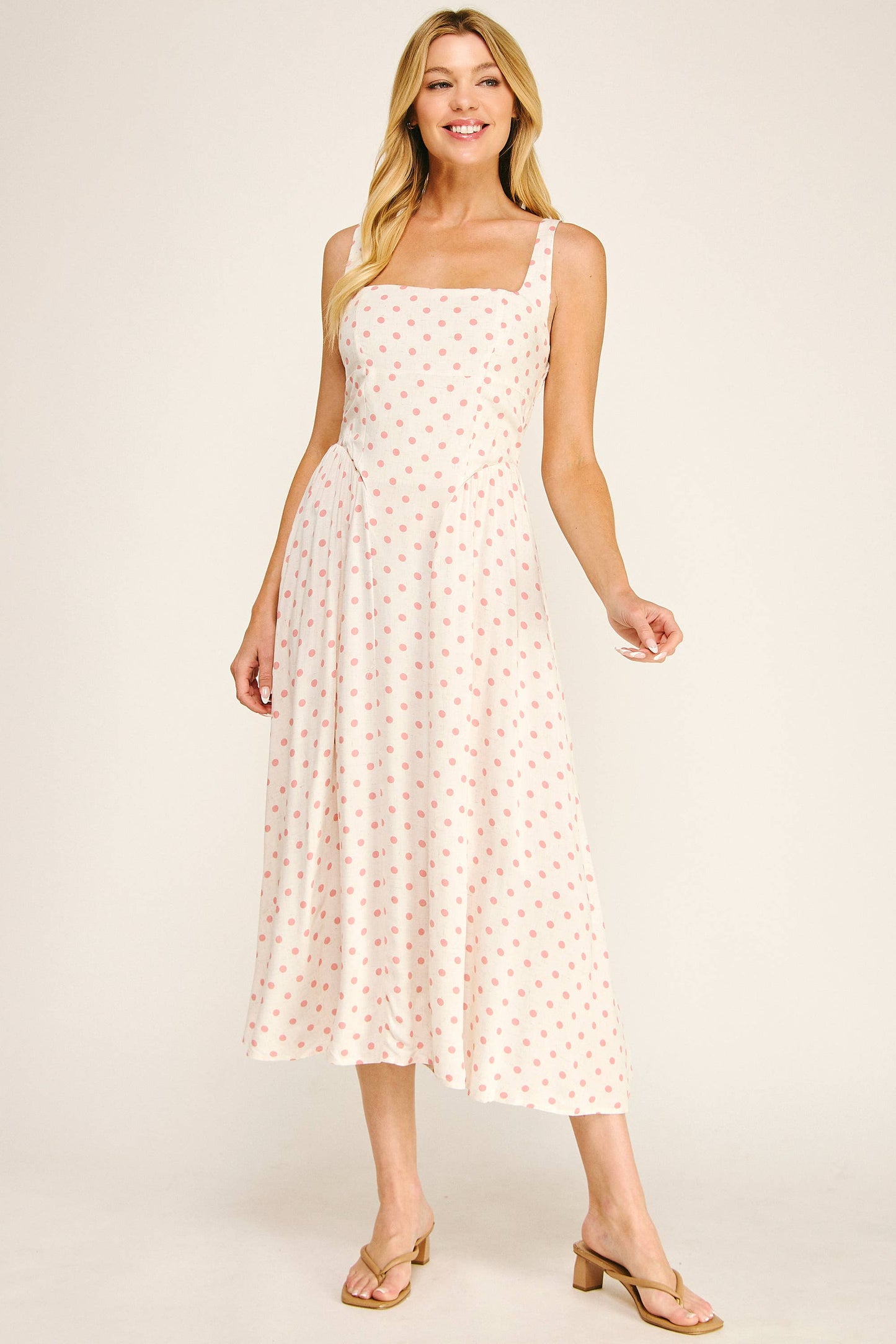 ROMANTIC POLKA DOT LINEN CHALLIS MIDI DRESS: IV/BS / L