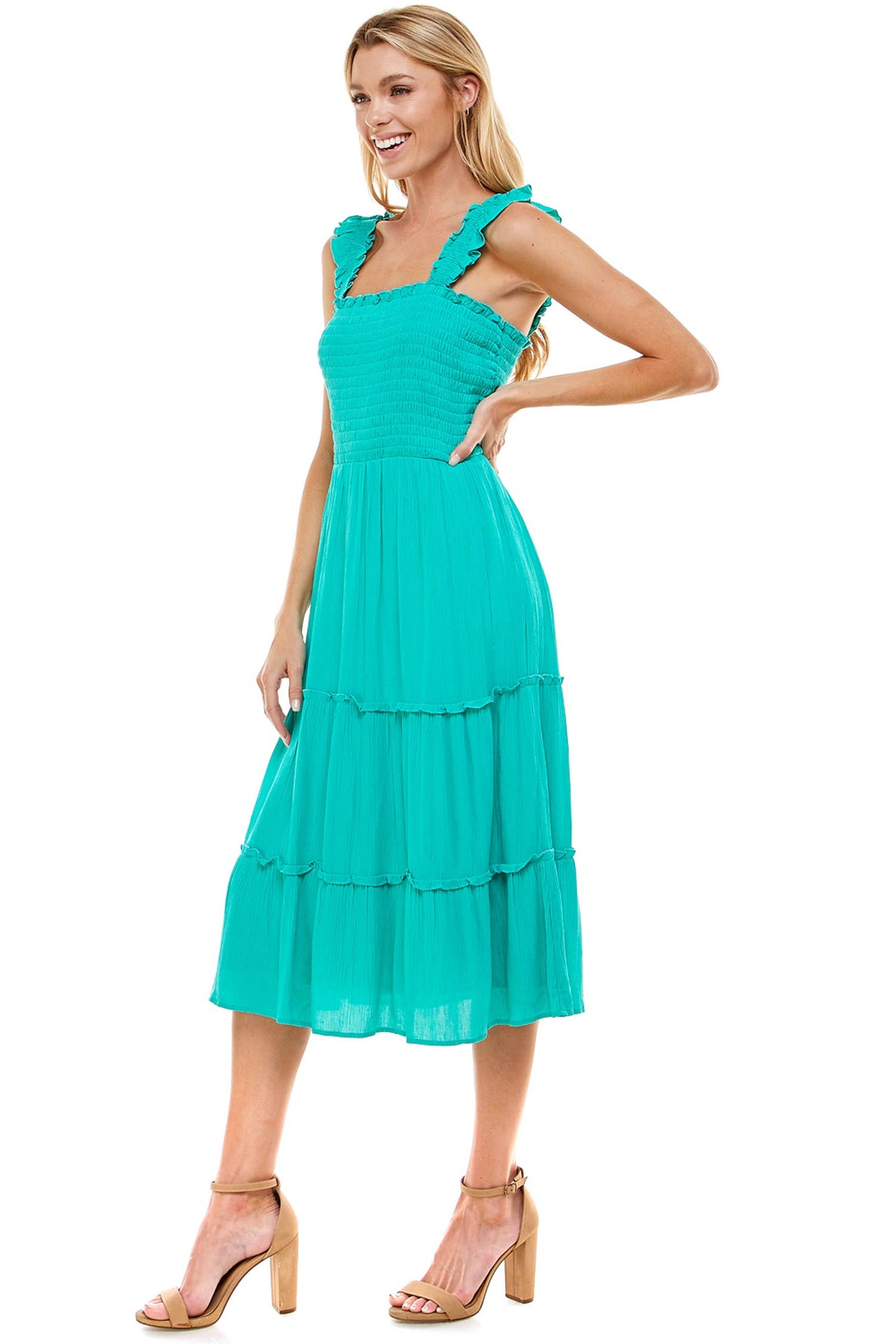 SMOCKED TOP SHIRRED RUFFLE DETAIL DRESS: SEAFOAM / S