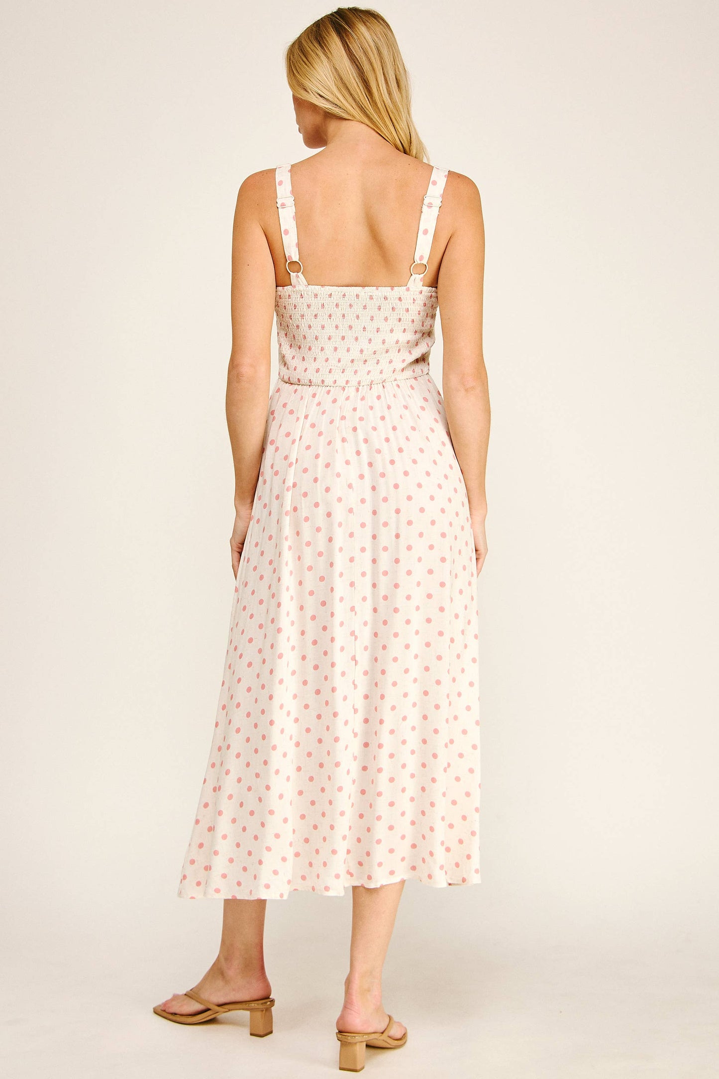 ROMANTIC POLKA DOT LINEN CHALLIS MIDI DRESS: IV/BS / M