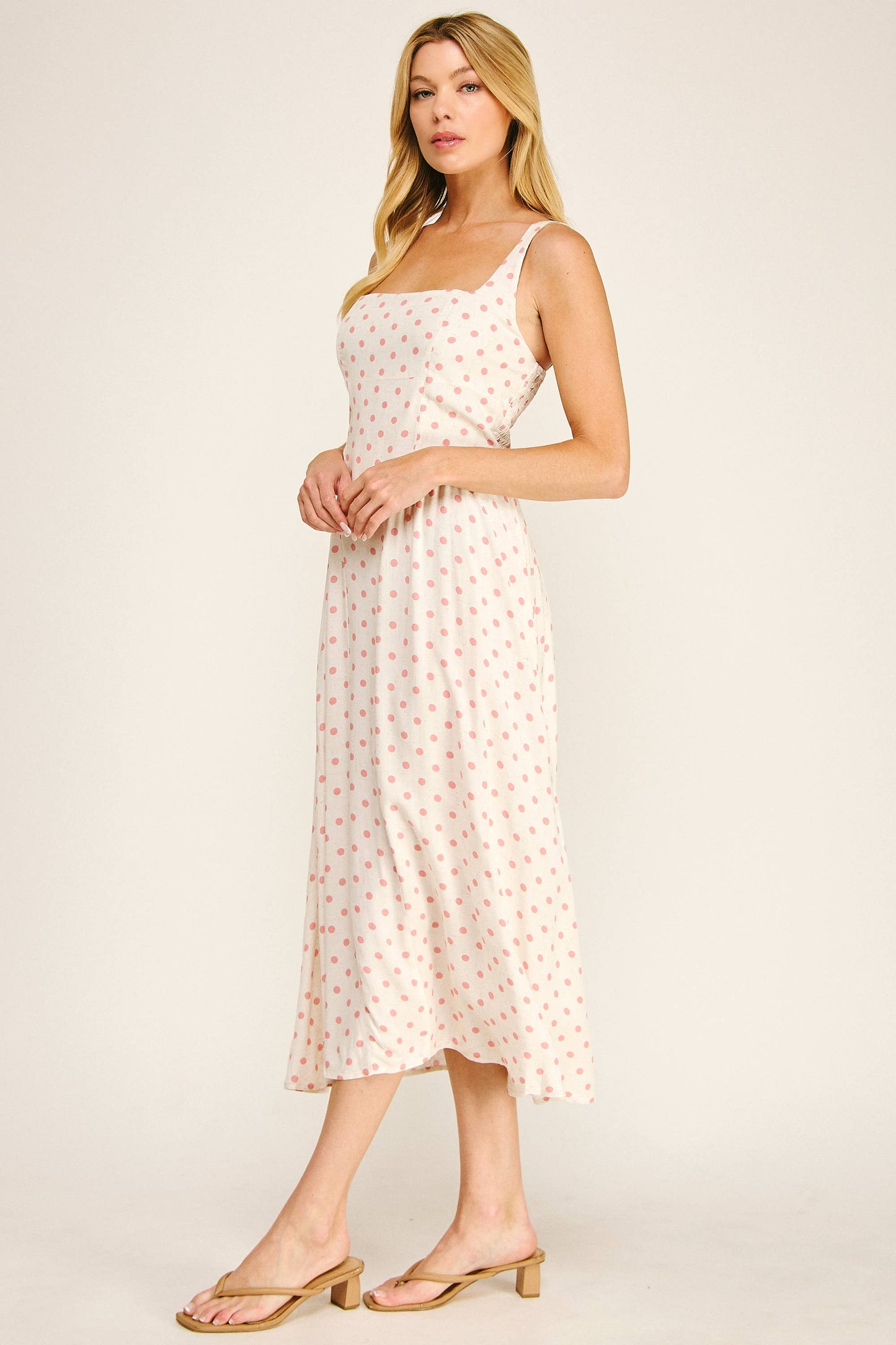 ROMANTIC POLKA DOT LINEN CHALLIS MIDI DRESS: IV/BS / XL