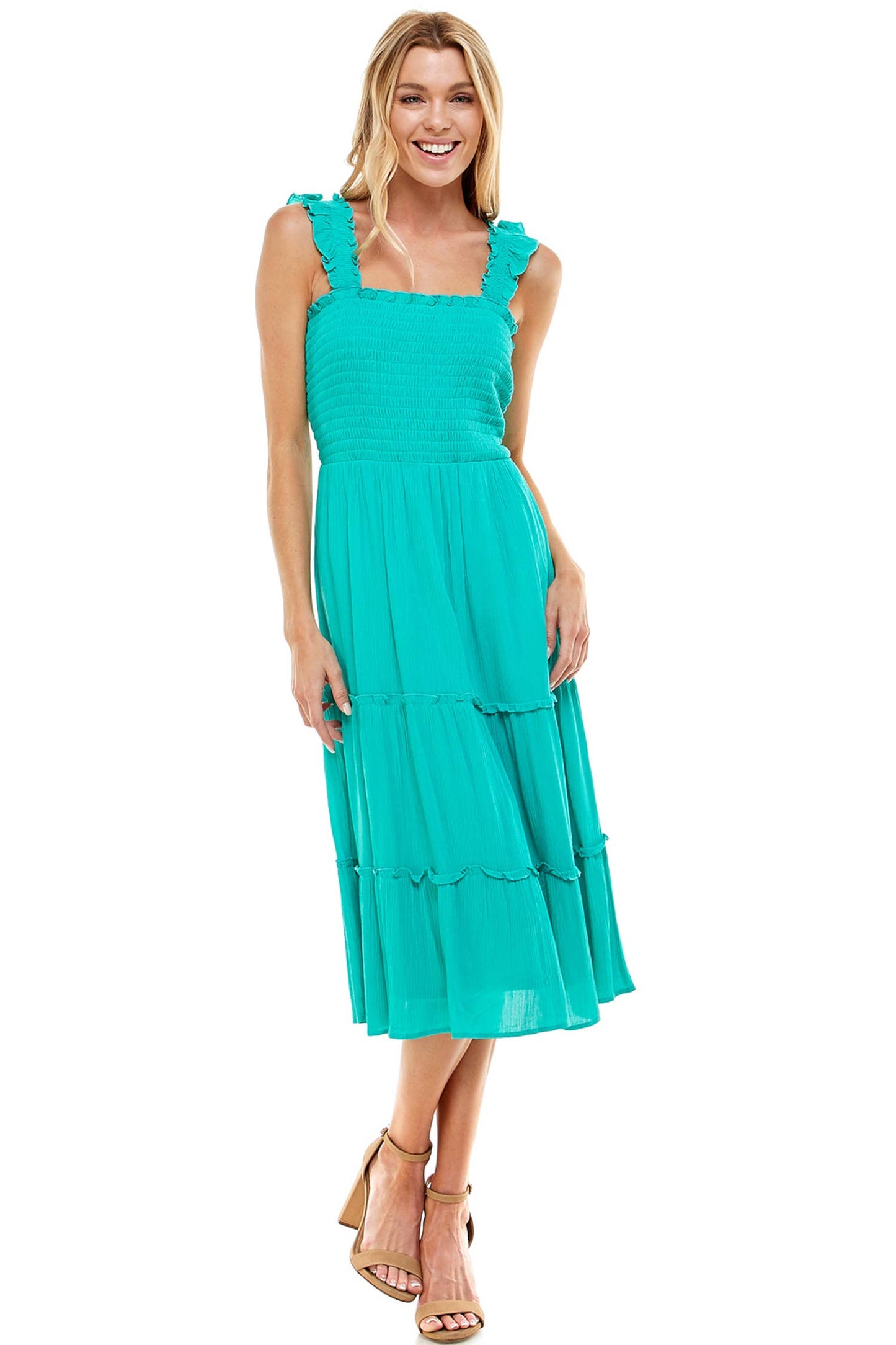 SMOCKED TOP SHIRRED RUFFLE DETAIL DRESS: SEAFOAM / L