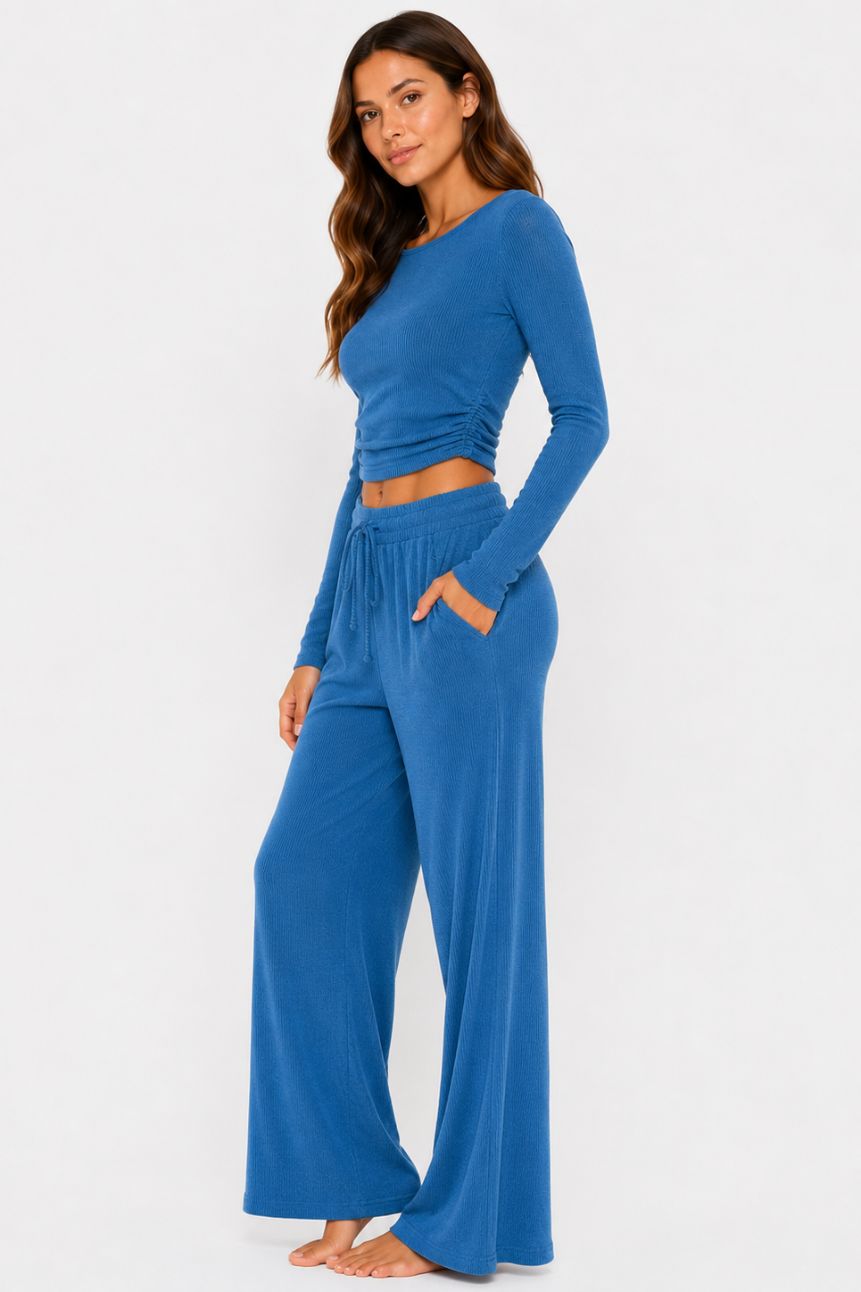 Ribbed crop long sleeve top with straight leg loungewear set: Oatmeal