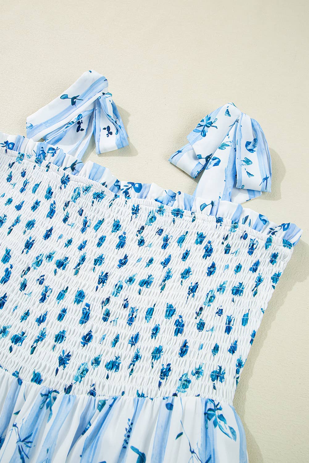 Floral Smocked Tied Straps A-Lined Tiered Maxi Dress

: Blue