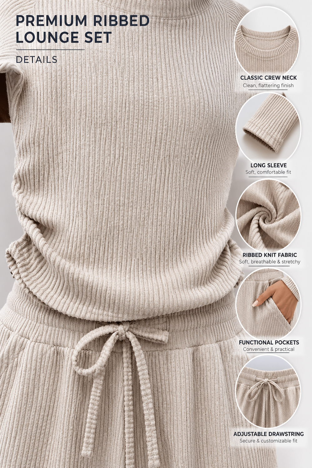 Ribbed crop long sleeve top with straight leg loungewear set: Oatmeal