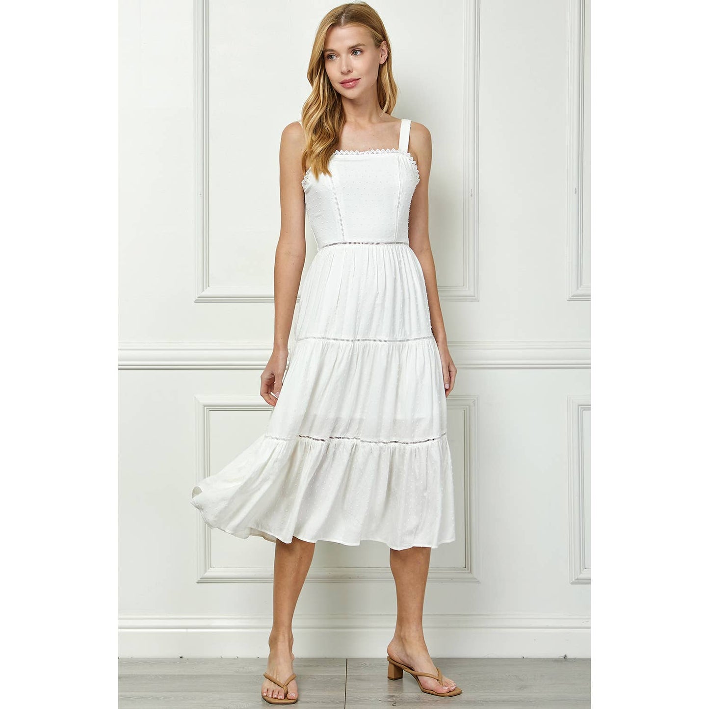 3 TIER LONG DRESS WITH STRAPS & BACK BOW TIE: IVORY / XL