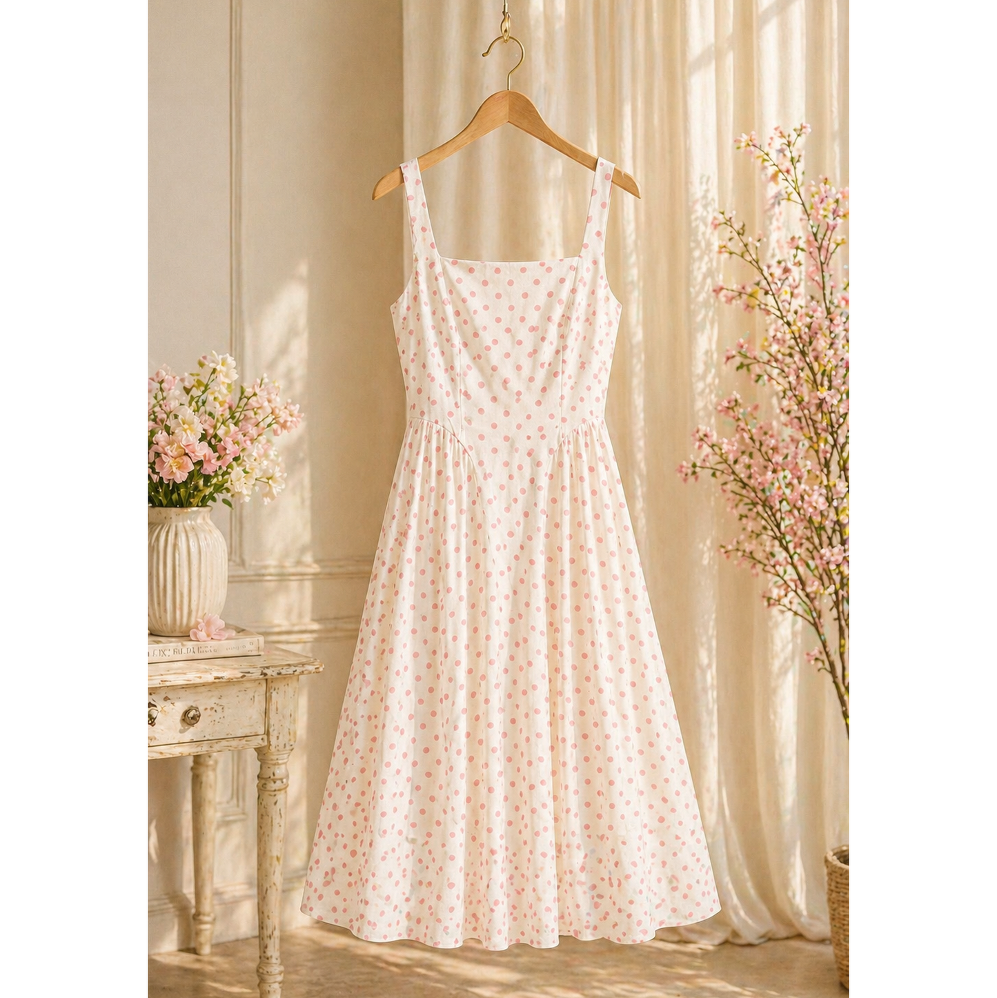 ROMANTIC POLKA DOT LINEN CHALLIS MIDI DRESS: IV/BS / L