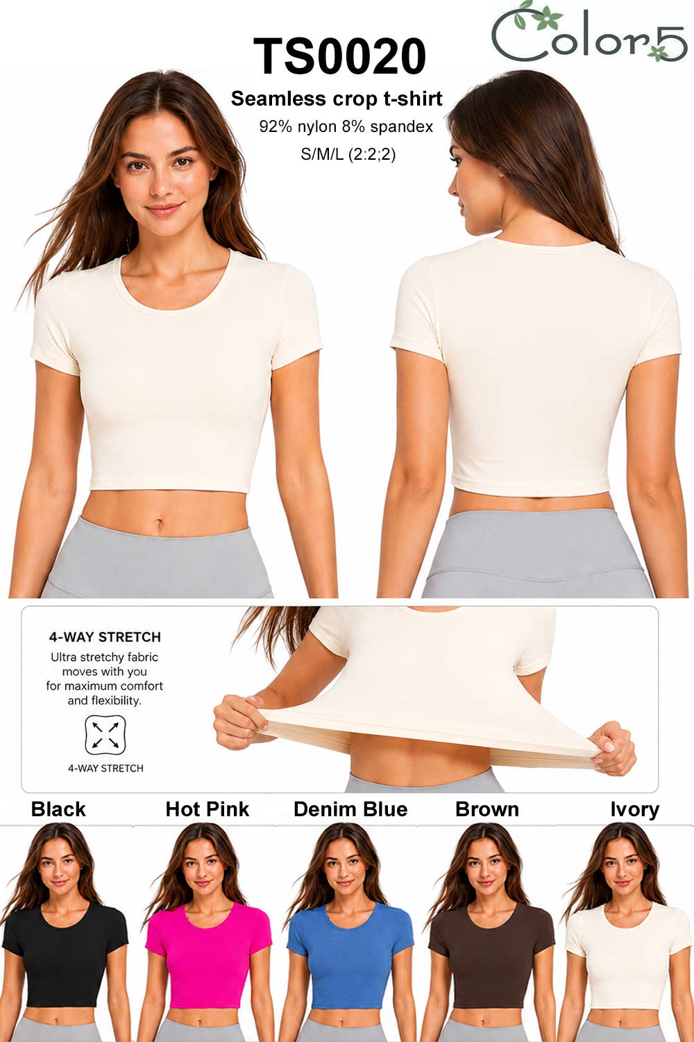 Solid color super stretch seamless crop short sleeve t shirt: Brown