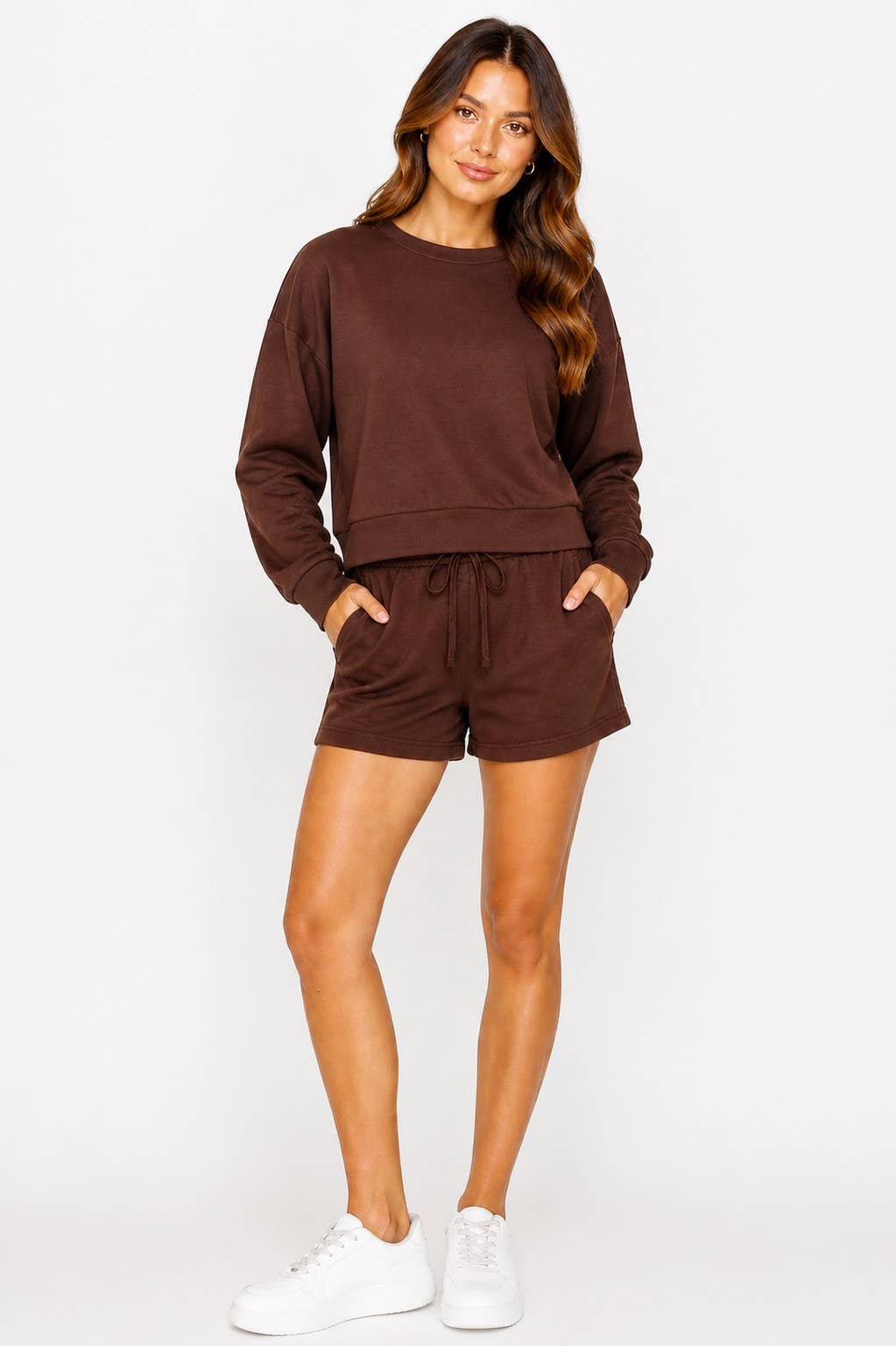 French terry sweat shirt with casual shorts loungewear set : Yellow