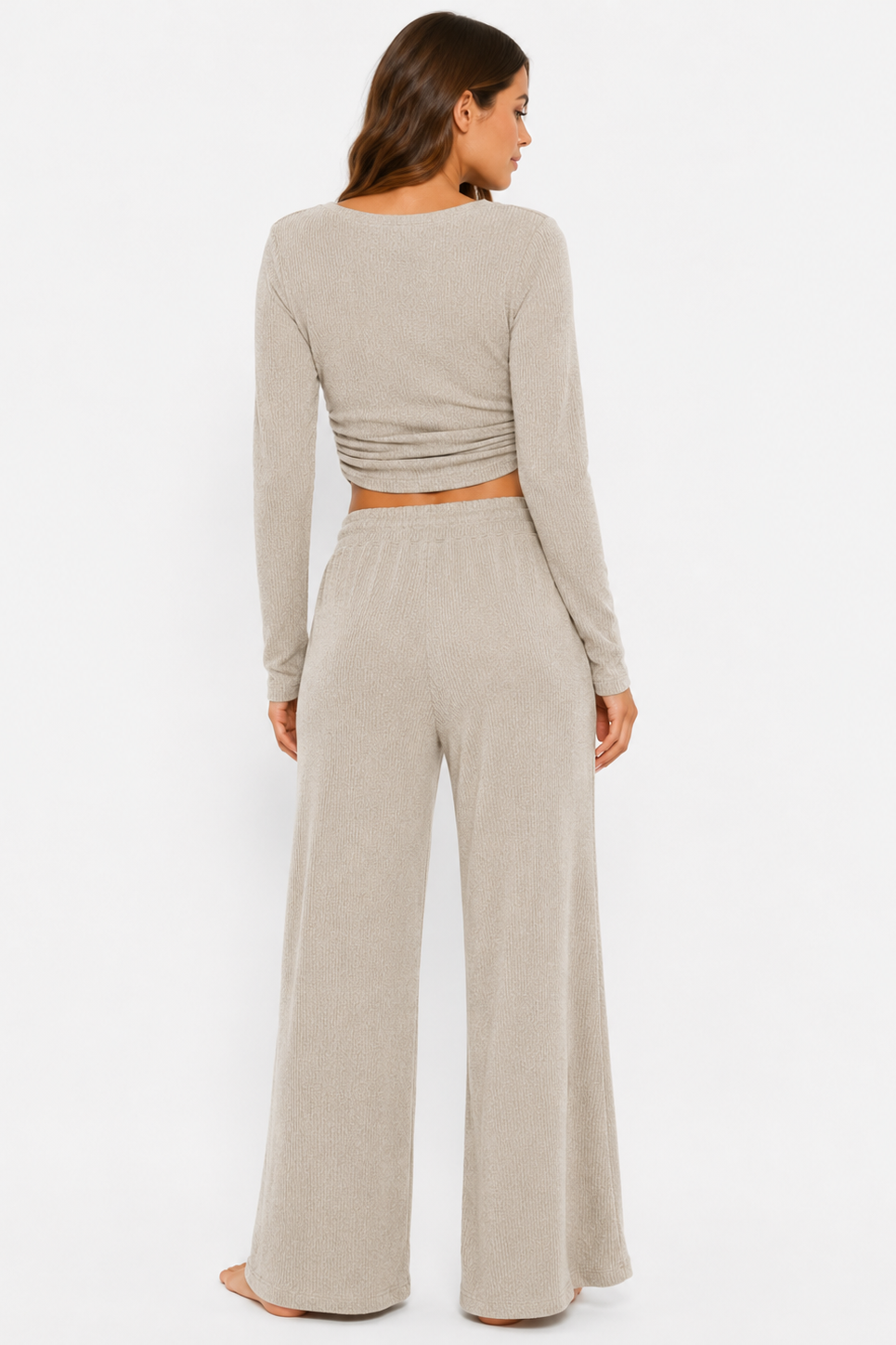 Ribbed crop long sleeve top with straight leg loungewear set: Oatmeal