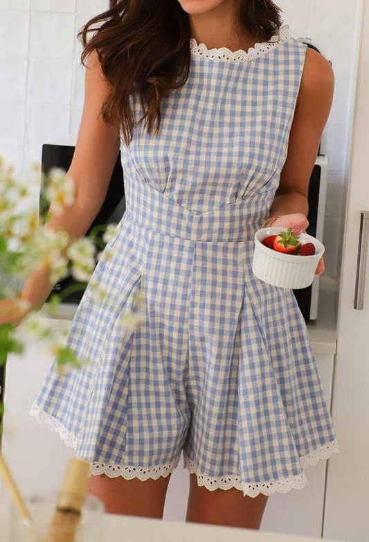 Gingham Lace-Trimmed Romper: Light Blue