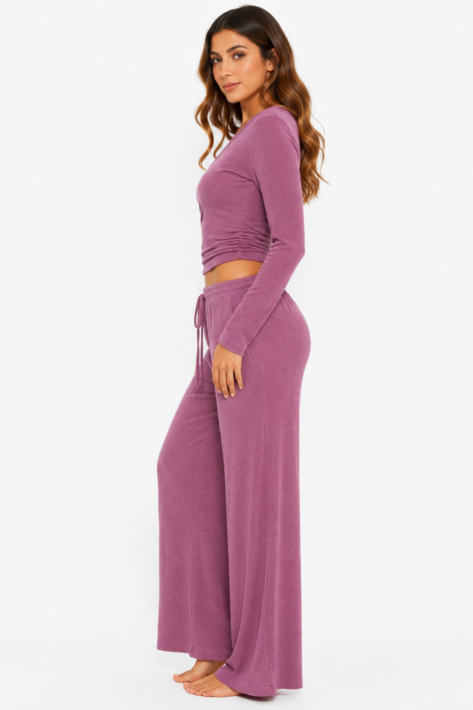 Ribbed crop long sleeve top with straight leg loungewear set: Oatmeal